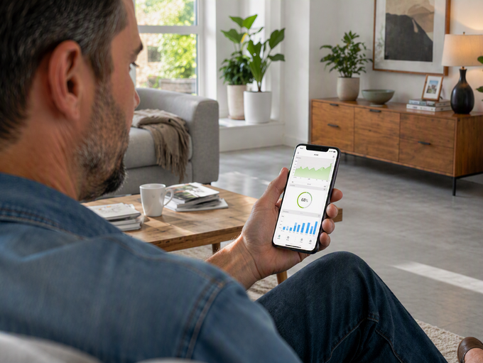 Mobile Nutzung digitaler Finanzservices über ein Smartphone im Wohnzimmer.