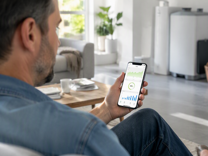Mobile Nutzung digitaler Finanzservices über ein Smartphone im Wohnzimmer.