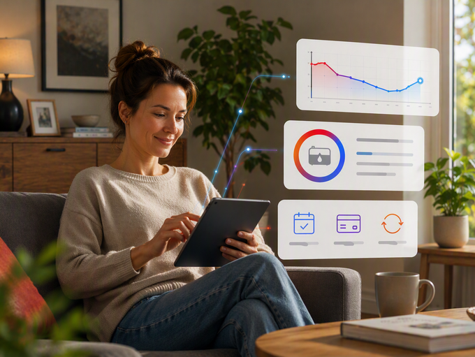 Nutzung digitaler Finanz- und Analyse-Tools auf einem Tablet mit visualisierten Kennzahlen.