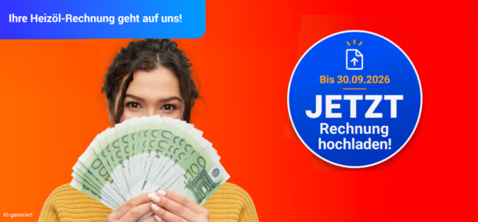 Störer zur TotalEnergies Aktion „Ihre Heizöl-Rechnung geht auf uns“ mit Hinweis „Bis 30.09.2026 jetzt Rechnung hochladen“.