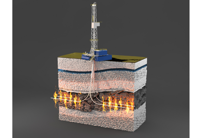 Schema einer Fracking-Bohranlage: Eine Bohrturmanlage an der Oberfläche führt vertikale und horizontale Bohrungen in tief liegende Gesteinsschichten, in denen durch Druck Risse erzeugt werden, um eingeschlossene Ressourcen freizusetzen.
