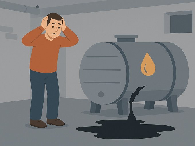 Ein auslaufender Heizöltank, der in einem Keller steht, daneben eine Person, die sich verzweifelt den Schaden anschaut.