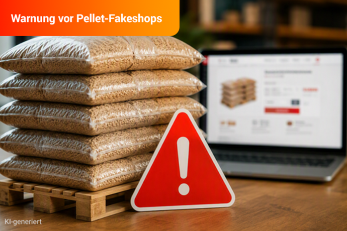 Palette mit mehreren Säcken Holzpellets im Vordergrund. Davor befindet sich ein rotes Warnsymbol. Im Hintergrund ist unscharf ein Laptop mit einer beispielhaften Online-Shop-Seite zu sehen. Das Bild warnt vor betrügerischen Online-Shops für Holzpellets.