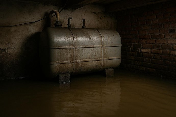 Alter, rostiger Heizöltank in einem überfluteten Kellerraum, umgeben von gemauerten Wänden und knapp kniehohem, trübem Hochwasser.
