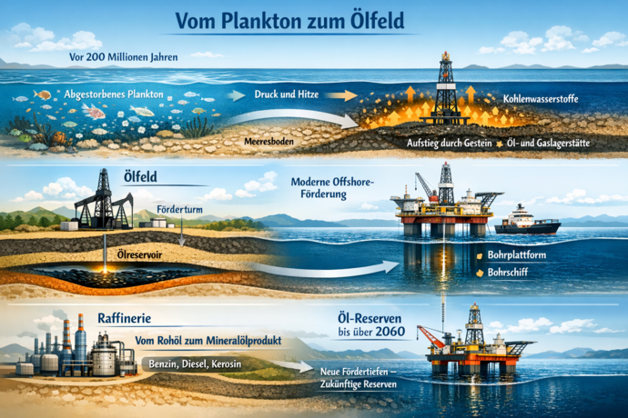 Illustration zur Entstehung von Erdöl.