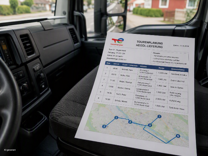 Ausgedruckter Tourenplan für eine Heizöl-Lieferung liegt auf dem Beifahrersitz eines LKW. Das Dokument zeigt mehrere Lieferstellen, Liefermengen und eine geplante Route für den Fahrer.