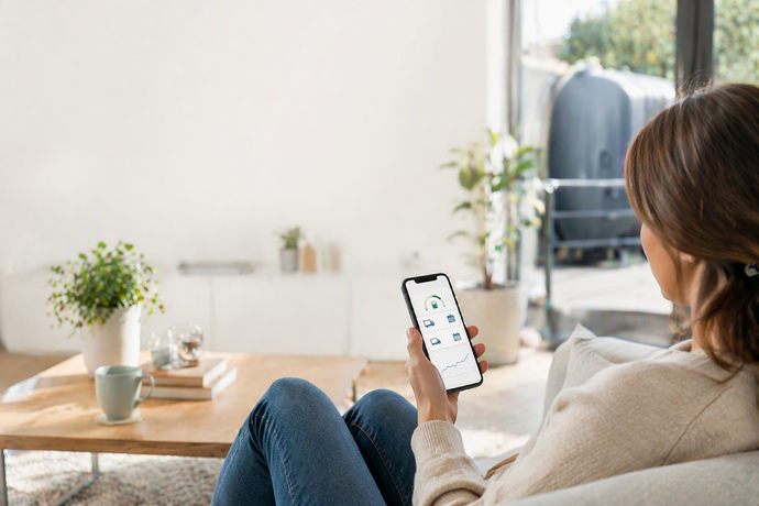 Nutzung einer mobilen App auf dem Smartphone in entspannter Wohnumgebung.