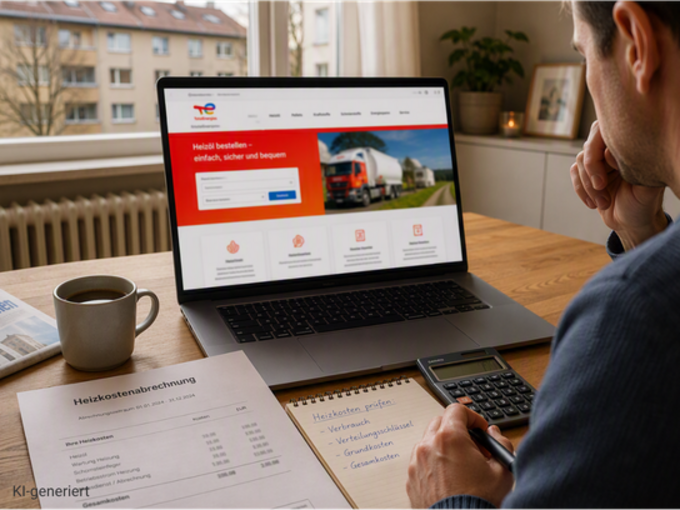 Laptop mit Heizölbestellseite, Heizkostenabrechnung und Taschenrechner auf einem Tisch.