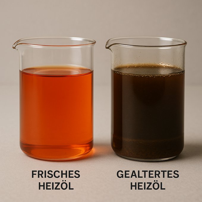 Frisches Heizöl und gealtertes Heizöl stehen in zwei Glasbehältern nebeneinander. Das frische Heizöl ist rötlich klar, während das gealterte Heizöl dunkel ist und Ablagerungen am Boden des Behälters aufweist.