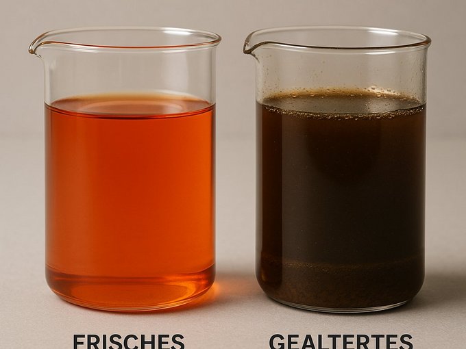 Frisches Heizöl und gealtertes Heizöl stehen in zwei Glasbehältern nebeneinander. Das frische Heizöl ist rötlich klar, während das gealterte Heizöl dunkel ist und Ablagerungen am Boden des Behälters aufweist.