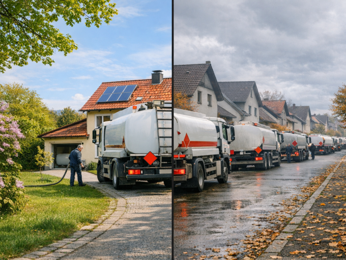 Split-Bild: Heizöl-Lieferung im Frühjahr mit freier Zufahrt und ruhiger Umgebung im Vergleich zu dichtem Lieferverkehr im Herbst mit mehreren Tankwagen in einer Wohnstraße.