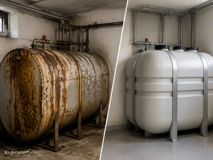Vergleich zwischen einem gealterten Stahltank mit Rostspuren und einer modernen Kunststofftankanlage in einem Heizraum.