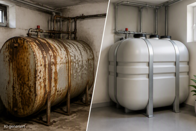 Vergleich zwischen einem gealterten Stahltank mit Rostspuren und einer modernen Kunststofftankanlage in einem Heizraum.