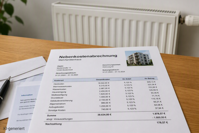 Nebenkostenabrechnung liegt auf einem Tisch vor einem Heizkörper in einer Wohnung.