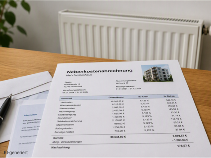 Nebenkostenabrechnung liegt auf einem Tisch vor einem Heizkörper in einer Wohnung.
