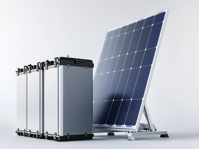 Solarpanel neben modularem Batteriespeicher vor neutralem Hintergrund.