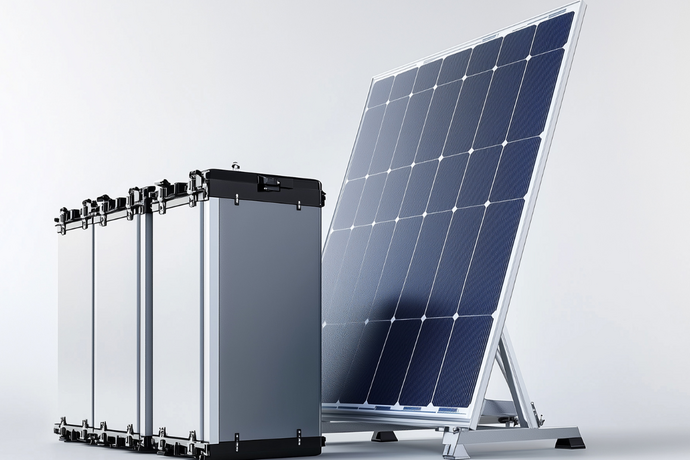 Solarpanel neben modularem Batteriespeicher vor neutralem Hintergrund.