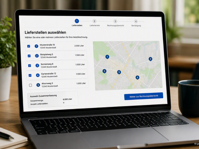 Laptop mit einer digitalen Bestellmaske für Heizöl, auf der mehrere Lieferstellen ausgewählt sind. Eine Kartenansicht zeigt die Standorte der Lieferadressen sowie die Gesamtmenge der geplanten Bestellung.