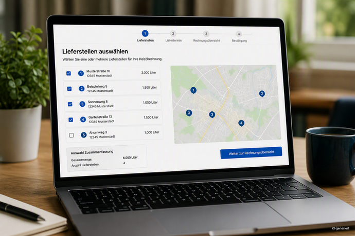 Laptop mit einer digitalen Bestellmaske für Heizöl, auf der mehrere Lieferstellen ausgewählt sind. Eine Kartenansicht zeigt die Standorte der Lieferadressen sowie die Gesamtmenge der geplanten Bestellung.