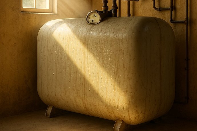 Ein Heizöltank steht in einem Raum mit einem Fenster, aus dem die Sonne hereinstrahlt.