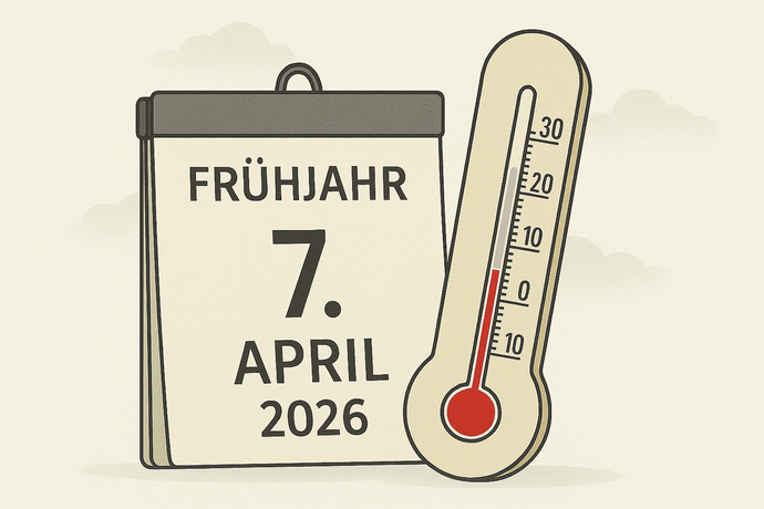 Thermometer und Kalender im Frühjahr zeigen kühlere Temperaturen Anfang April.