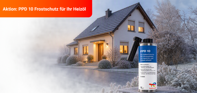 PPD 10 Frostschutz für Heizöl vor winterlichem Einfamilienhaus mit warmer Innenbeleuchtung.