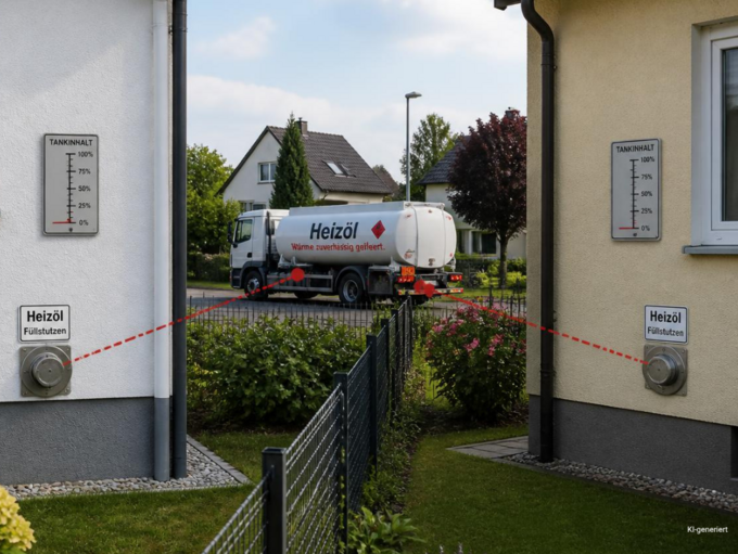 Zwei benachbarte Einfamilienhäuser mit Heizölversorgung. Von einem Garten aus sind beide Grundstücke sichtbar.