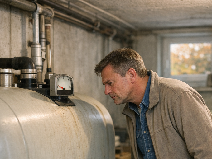 Person überprüft in einem Keller einen Heizöltank mit angeschlossenem Manometer und Rohrleitungen.