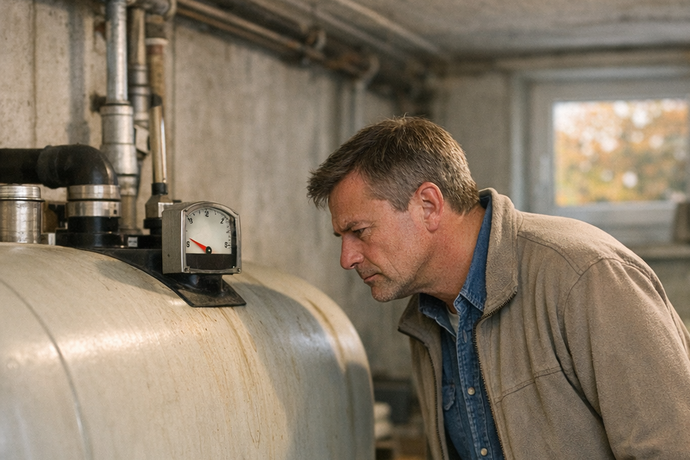 Person überprüft in einem Keller einen Heizöltank mit angeschlossenem Manometer und Rohrleitungen.