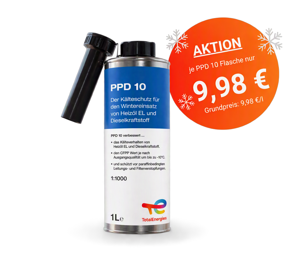PPD 10 Kälteschutzadditiv von TotalEnergies für Heizöl EL und Dieselkraftstoff, 1-Liter-Flasche mit Dosierhilfe und Aktionspreis von 9,98 Euro.