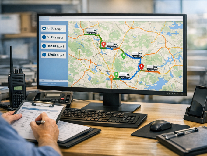 Arbeitsplatz in einer Logistik‑Disposition mit Monitor, auf dem eine Routenkarte mit mehreren LKW‑Touren und Stopps angezeigt wird; daneben Funkgerät, Telefon, Smartphone und Unterlagen zur Planung der Lieferungen.