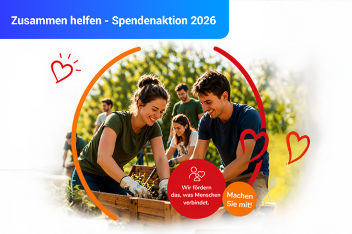 Menschen engagieren sich bei einer Spendenaktion und arbeiten gemeinsam in einem Gemeinschaftsgarten. Grafik zur TotalEnergies Spendenaktion 2026 mit dem Aufruf „Machen Sie mit!