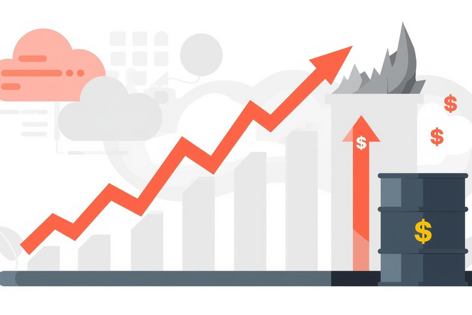 Illustration mit steigender Preiskurve, Öl-Fass und Raffinerie-Symbolen, die einen Anstieg der Energie- bzw. Heizölpreise darstellen.